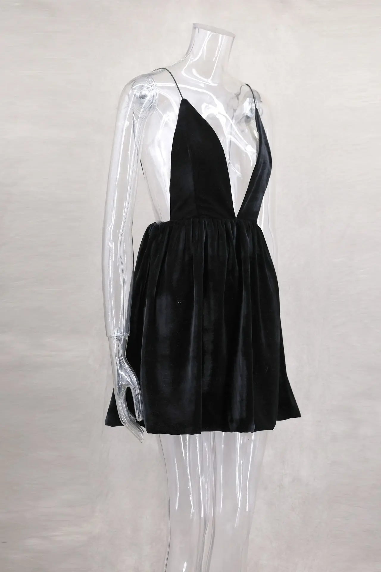 Velvet Deep V Neck Mini Lantern Dress