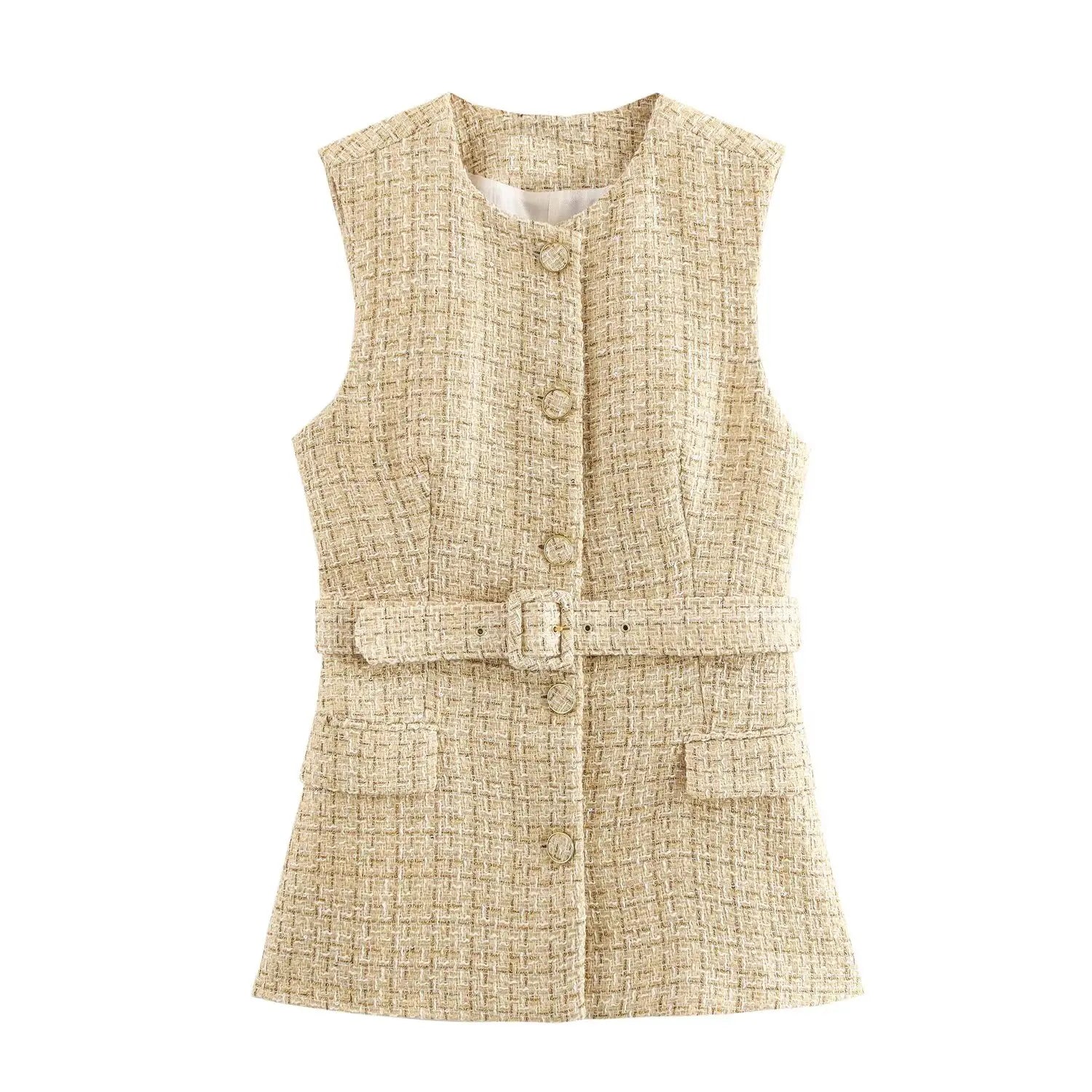 Yellow Belted Textured Single Breasted Vest