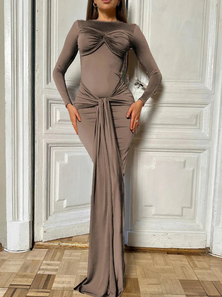 Long Sleeve Pleated Draped Maxi Dress