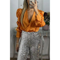 Satin Puff Long Sleeve Pleated Ruffled Tops