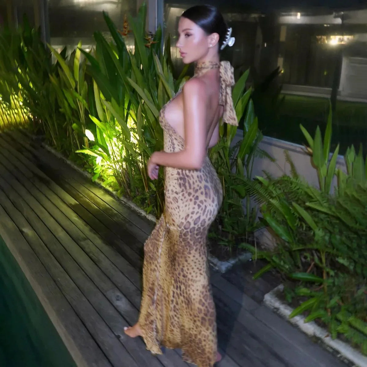 Halter Leopard Embellished Long Dress