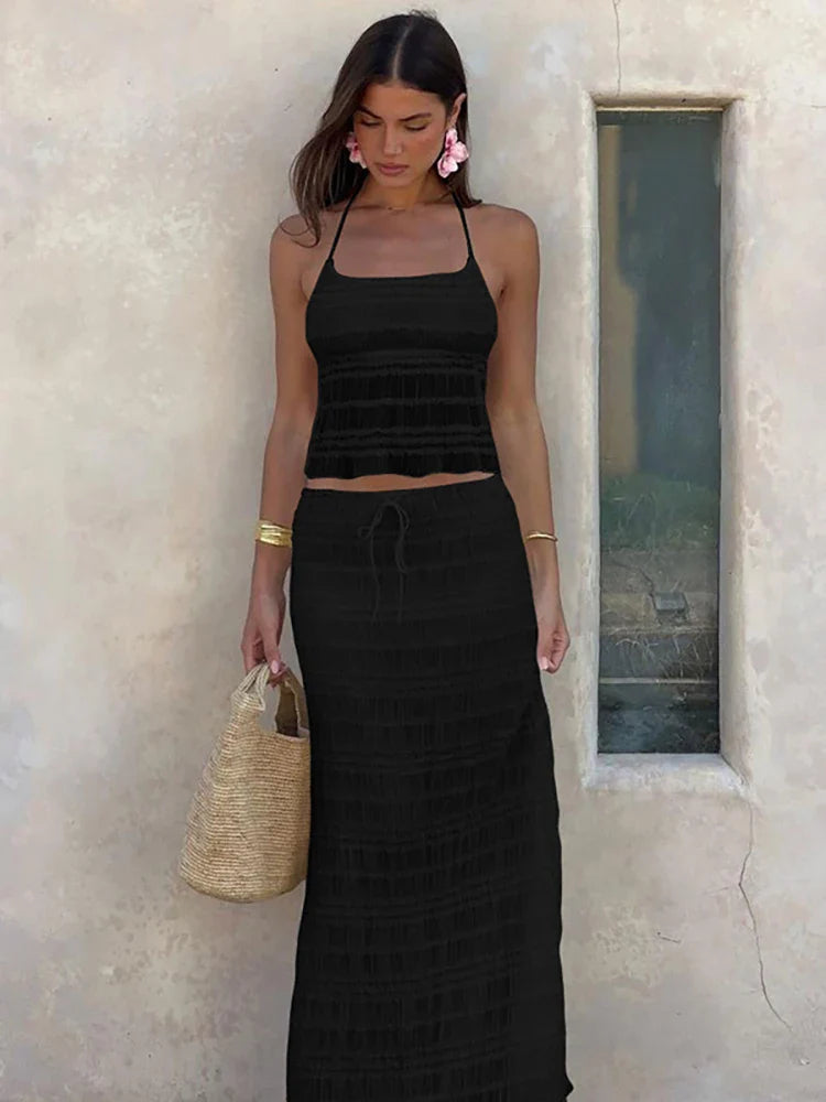 Chiffon Skirt Suit Spaghetti Strap Top and Long Skirt