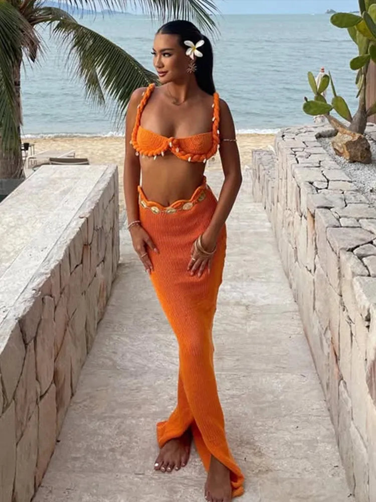Shell Knitted Halter Top Split Fishtail Skirt Set