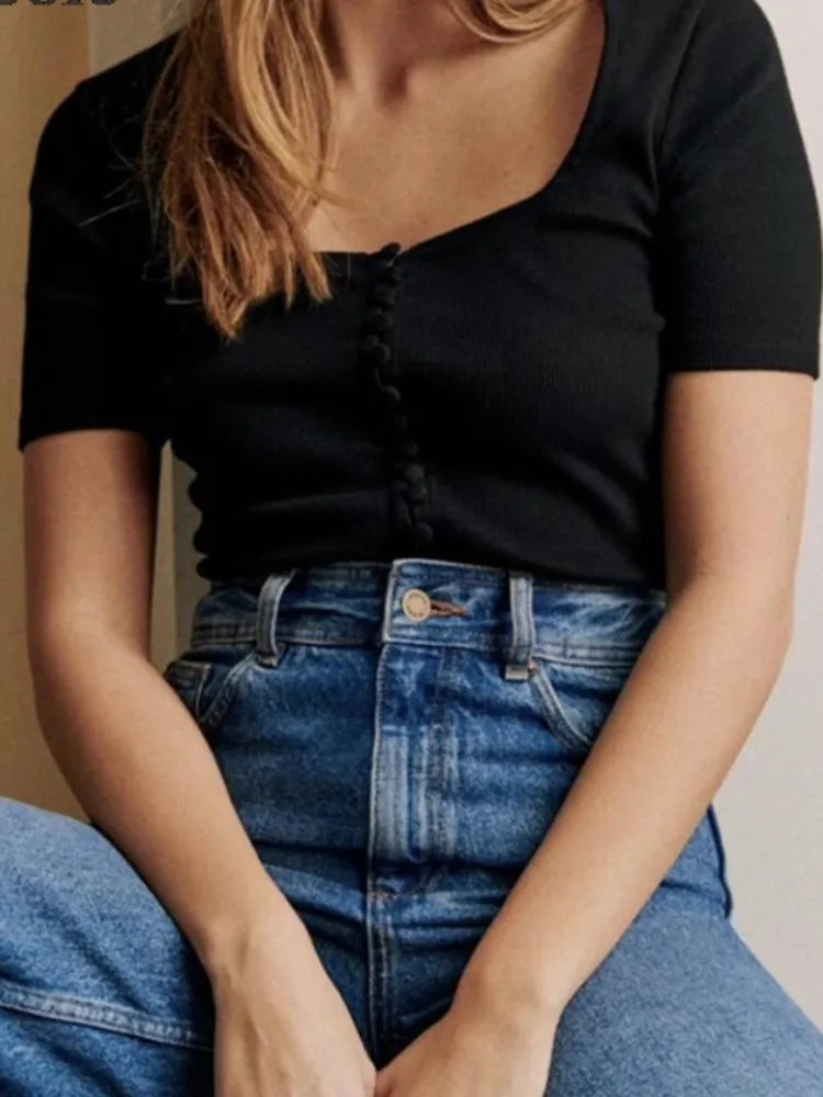 Square Collar Cotton Short Sleeve Tops
