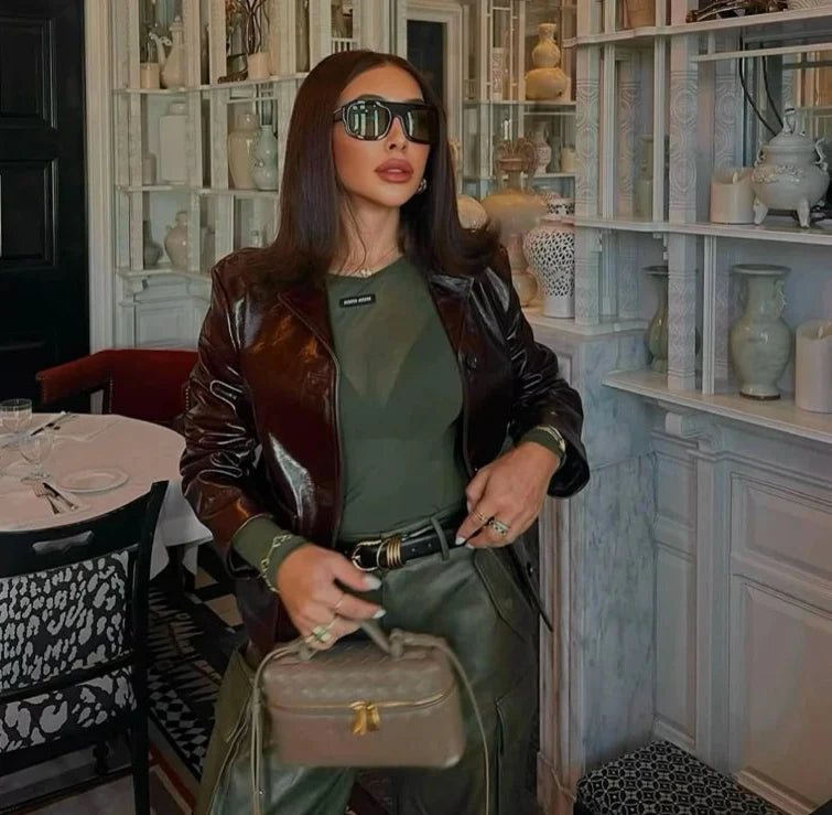 Faux Leather Lapel Single Breasted Jackets