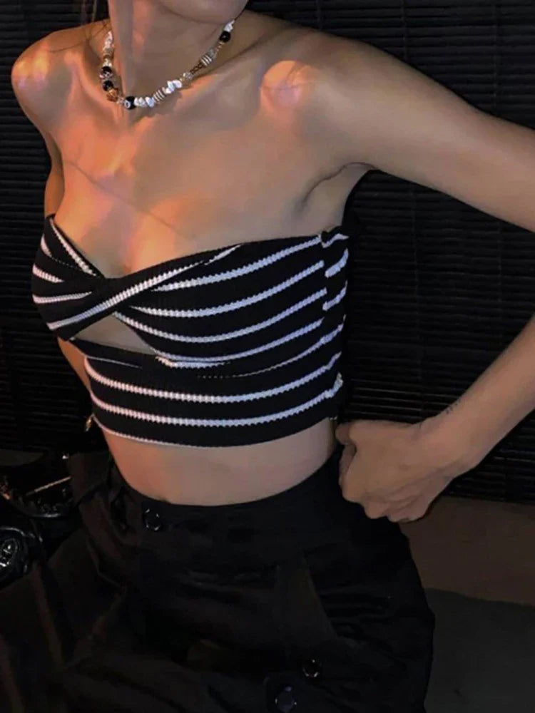 Ribbed Knit Twisted Knot Front Sleeveless Tube Top