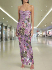 Sequin Floral-Embellished Lavender Strapless Dress