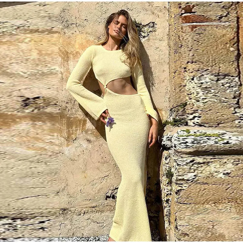 Knitted Hollow Out Solid O-neck Slit Maxi Dress