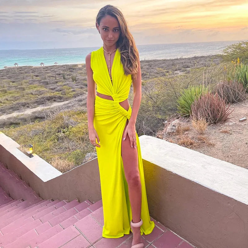 Deep V Cut Out Slit Asymmetrical Long Dress