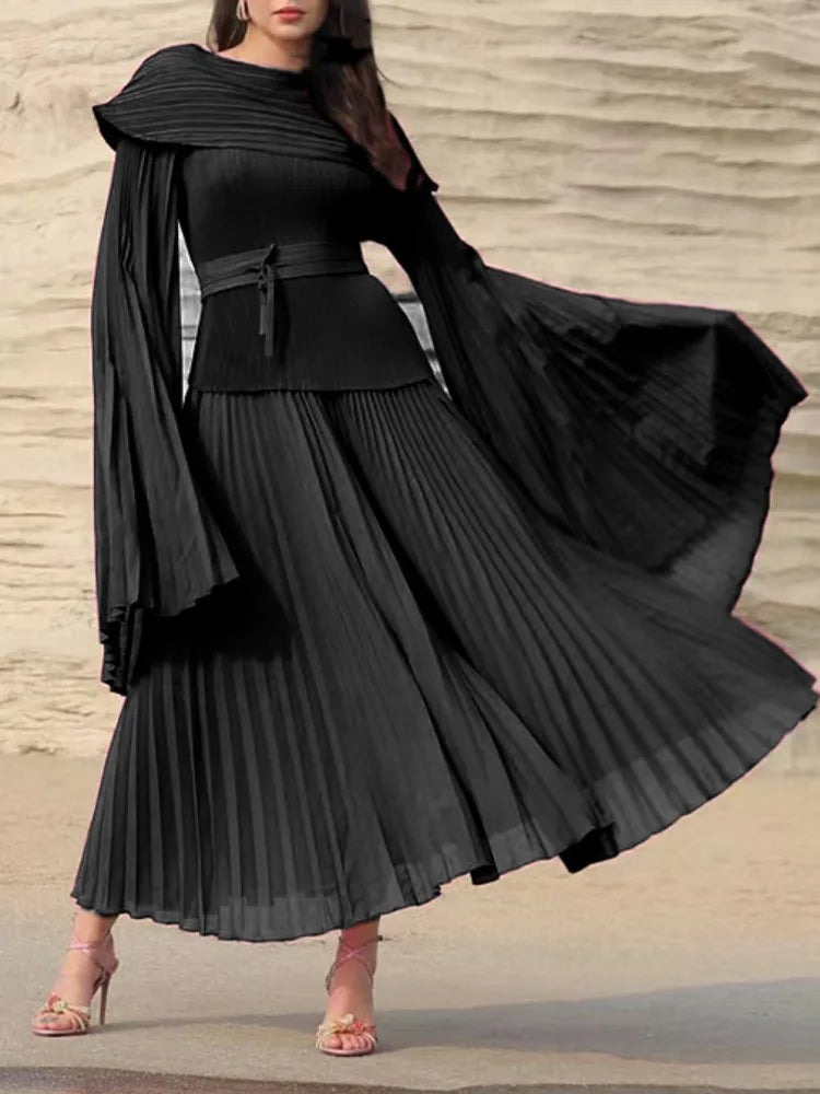 Flare Sleeves Top Elastic Waist Long Skirt Suit