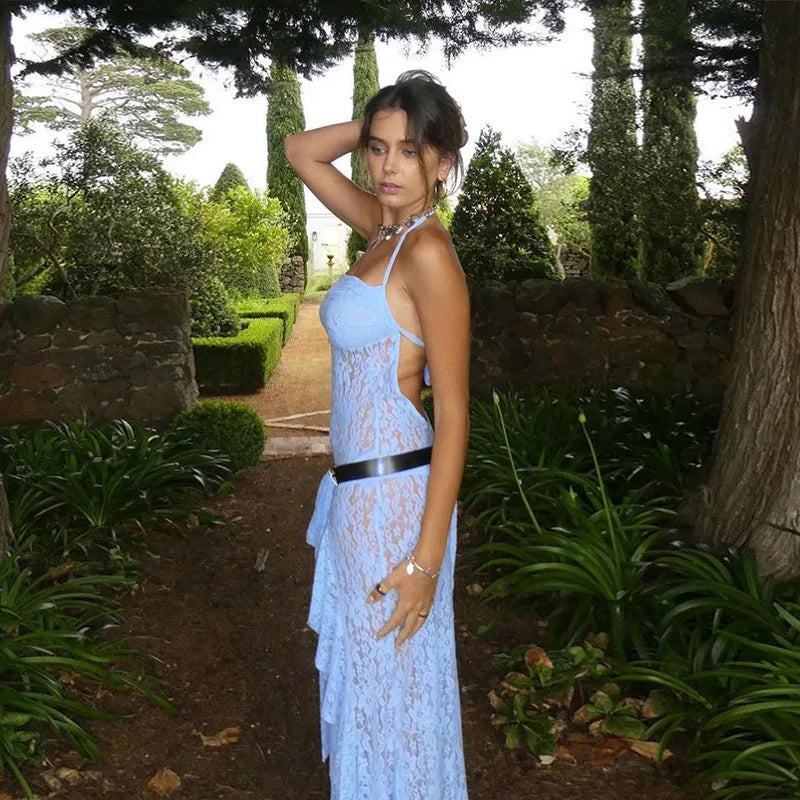 Sheer Lace Sash Halter Neck Ruffle Hem Dress