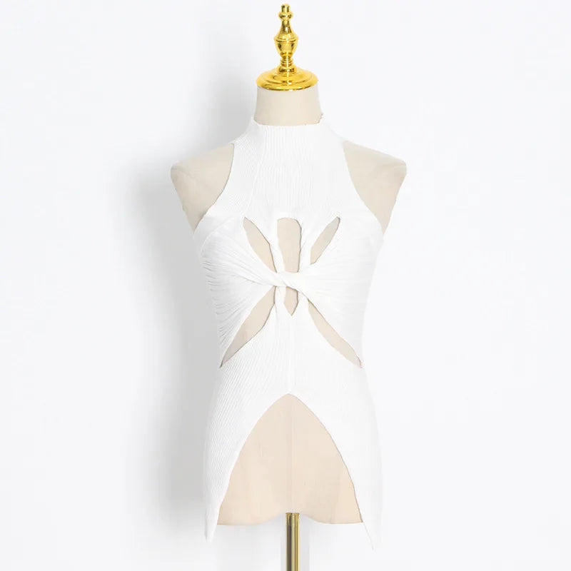 Sleeveless Knitted Solid Cross Hollow Out Top