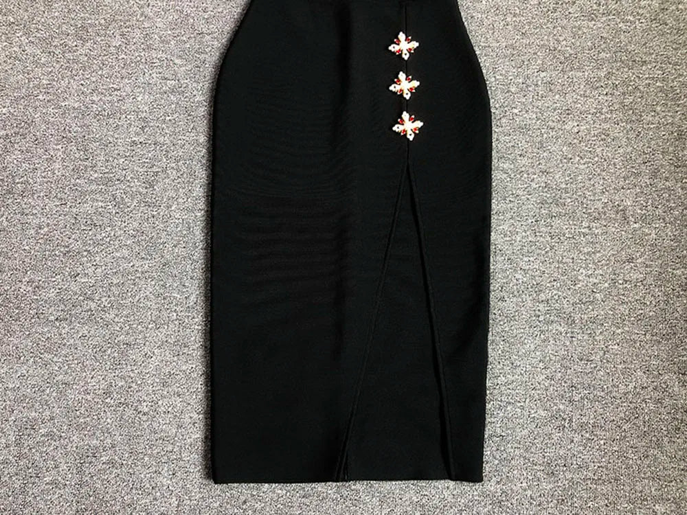 Black Metal Cross Brooch Design Strap Bandage Slit Midi Dress