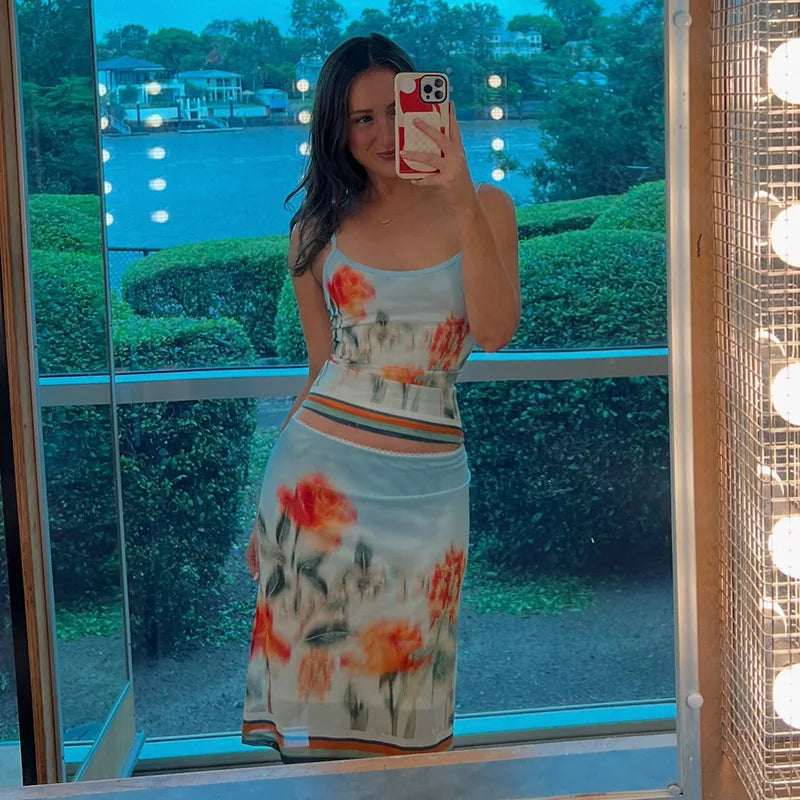 Print Floral Spaghetti Strap Top Mini Skirt Set