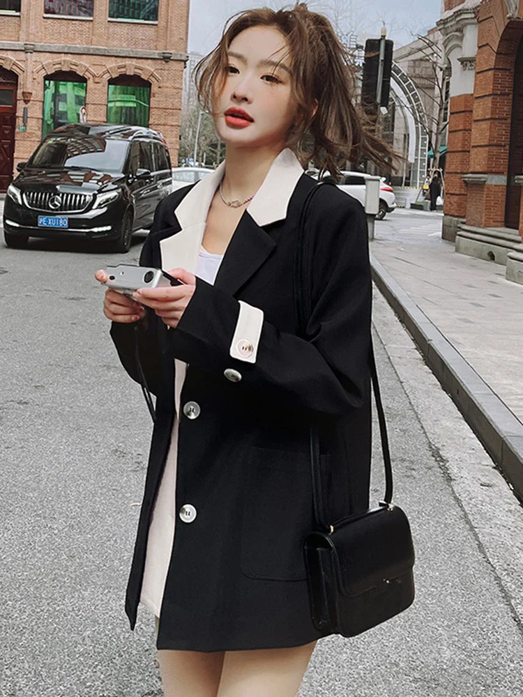 Contrast Notched Collar Patchwork Blazer
