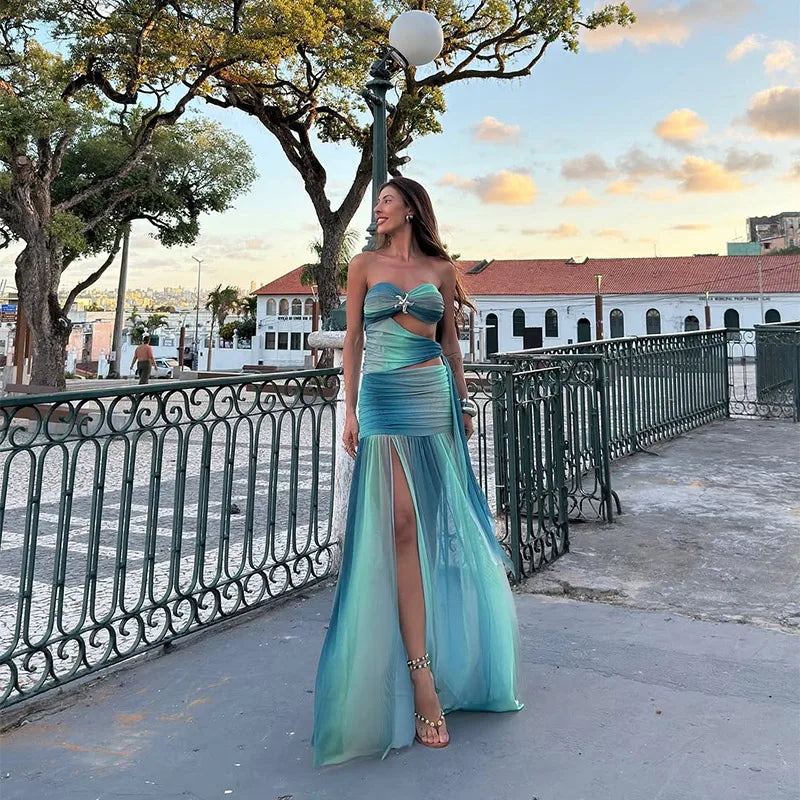 Printed Strapless Hollow Out Side Slit Long Dress