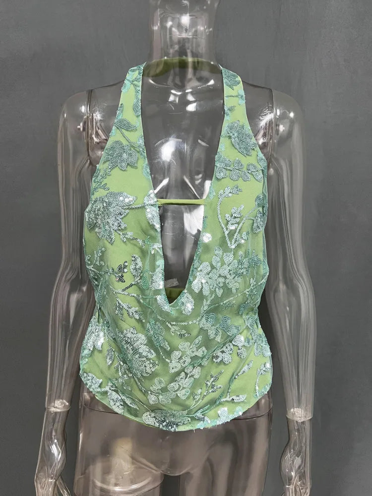 Glitter Deep V Neck Open Back Tank Top