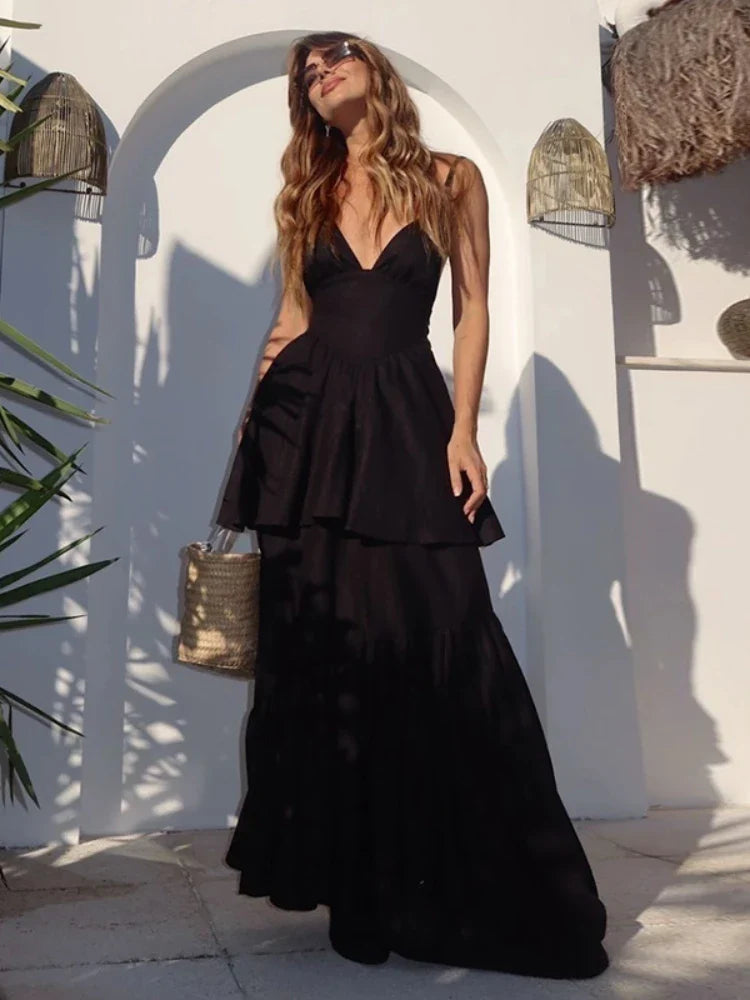Brown V-neck Layered Maxi Dress