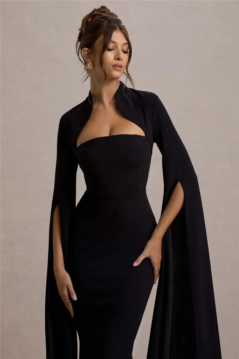 Cape Long Sleeve Square Collar Midi Dress