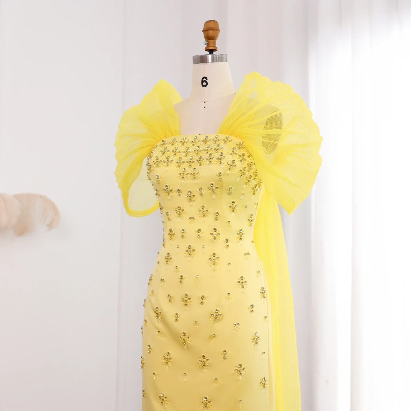 Beaded Yellow Evening Gown with Cape Sleeves