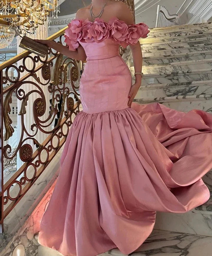 3D Flower Open Shoulder Pink Prom Dress