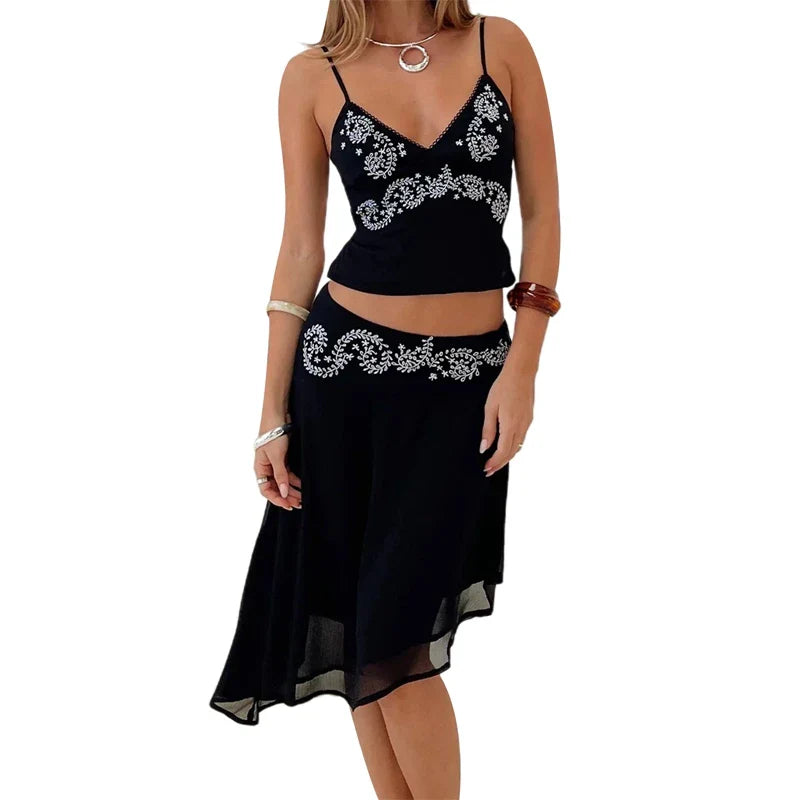 Floral Backless Tie-Up Top Irregular Hem Midi Skirt