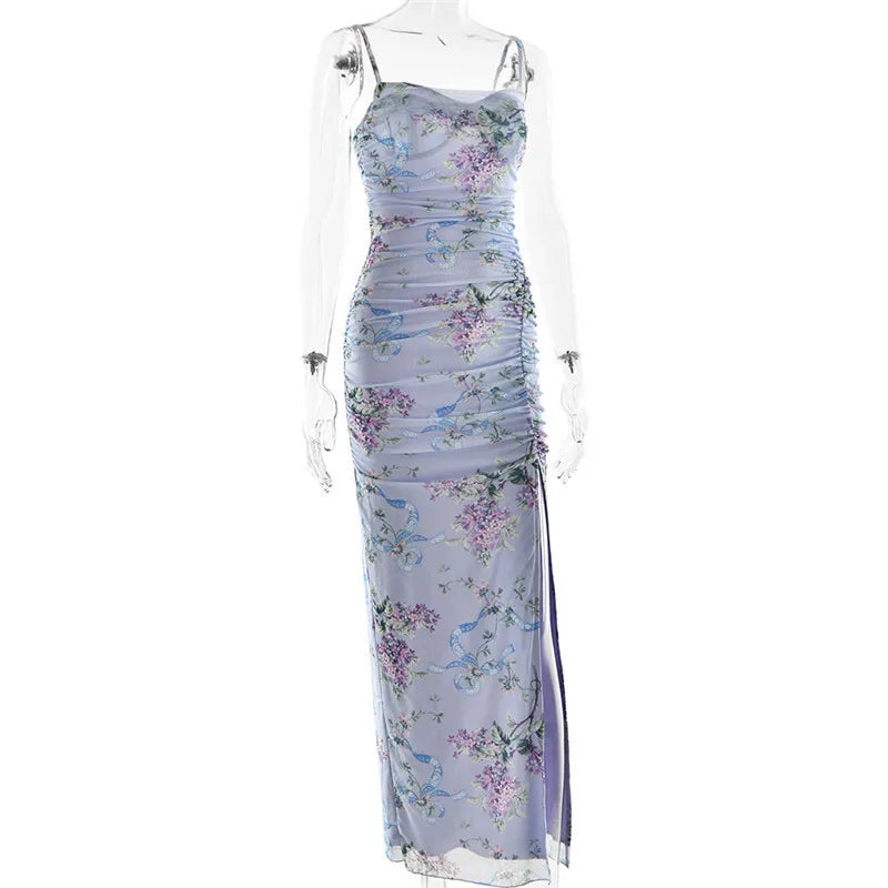 Floral Print Mesh Zipper Spaghetti Strap Long Dress