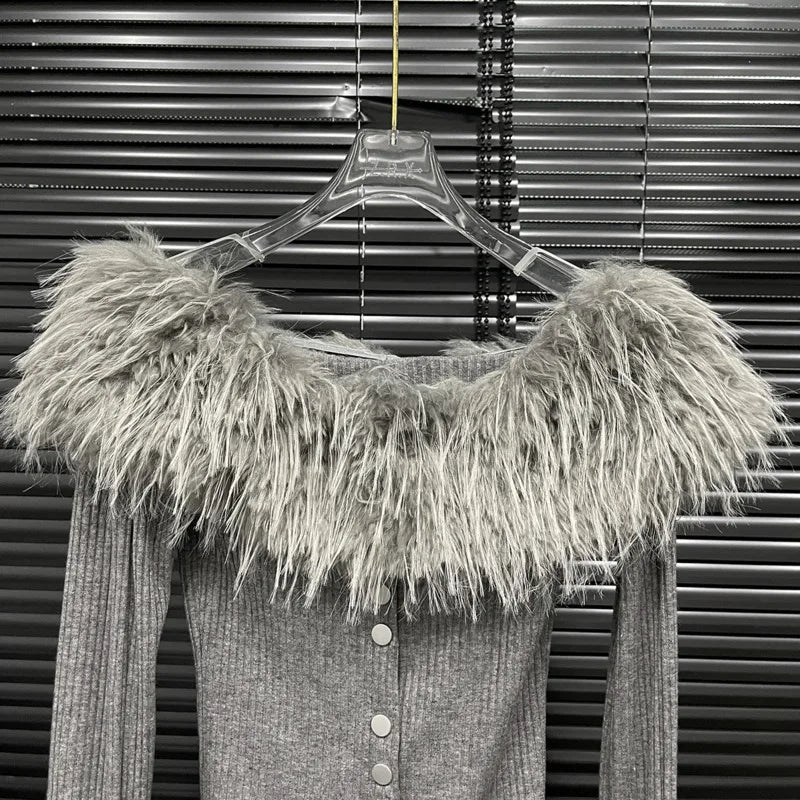 Fur Collar Single Breasted Knitted Sweater