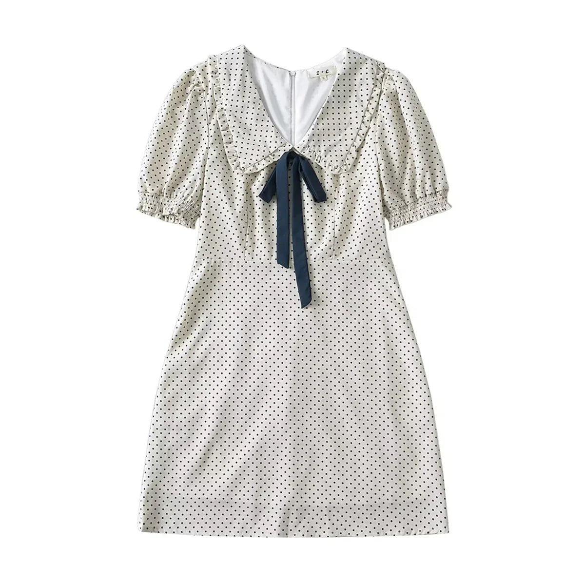 Short Puff Sleeve Bow Detail Dots Print Mini Dress