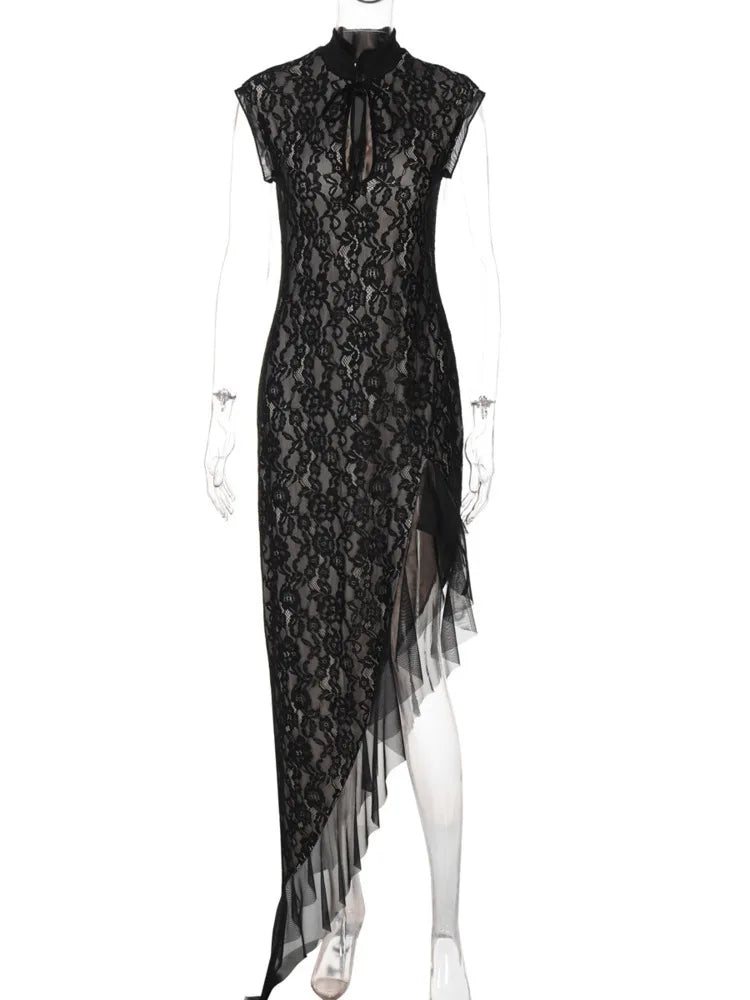 Mesh Lace Ruffled Black Hollow Out Long Dress