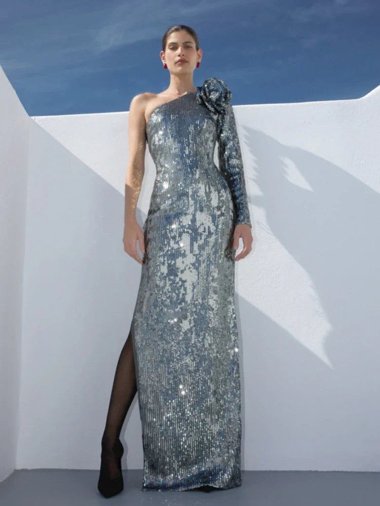 One Shoulder 3D Flower Sequin Dress