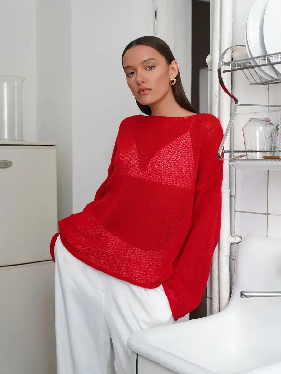 Hollow Solid See-through Long Sleeve Knitted Top