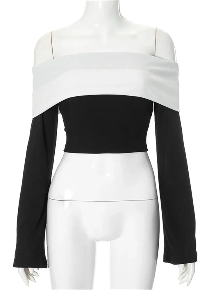 Off-Shoulder Patchwork Contrast Cropped Top