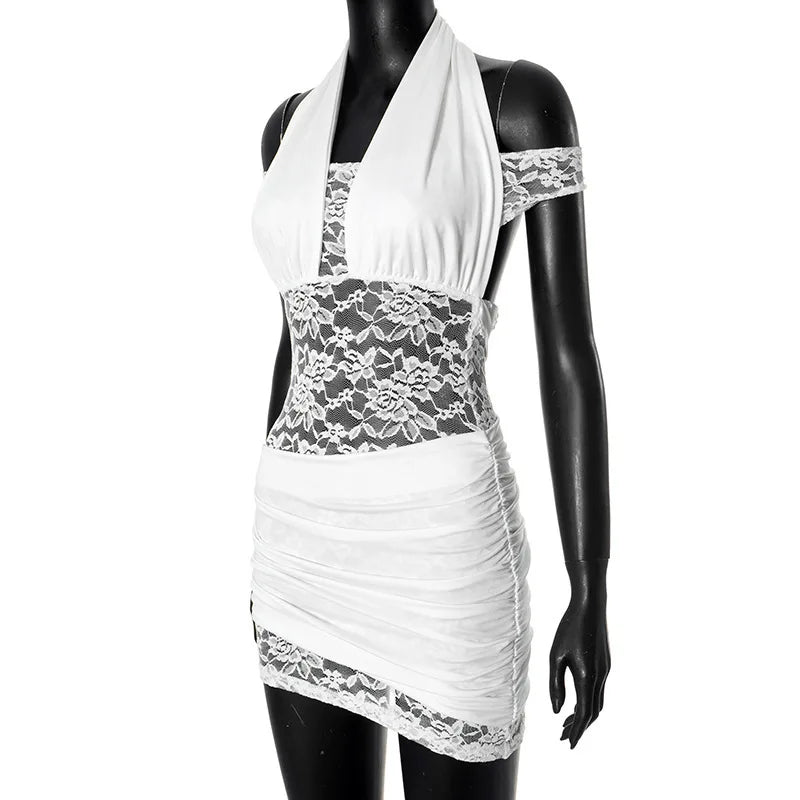 Halter Off the shoulder White Lace Mini Dress