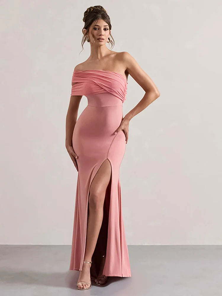 Solid One Shoulder Mesh Slit Long Dress
