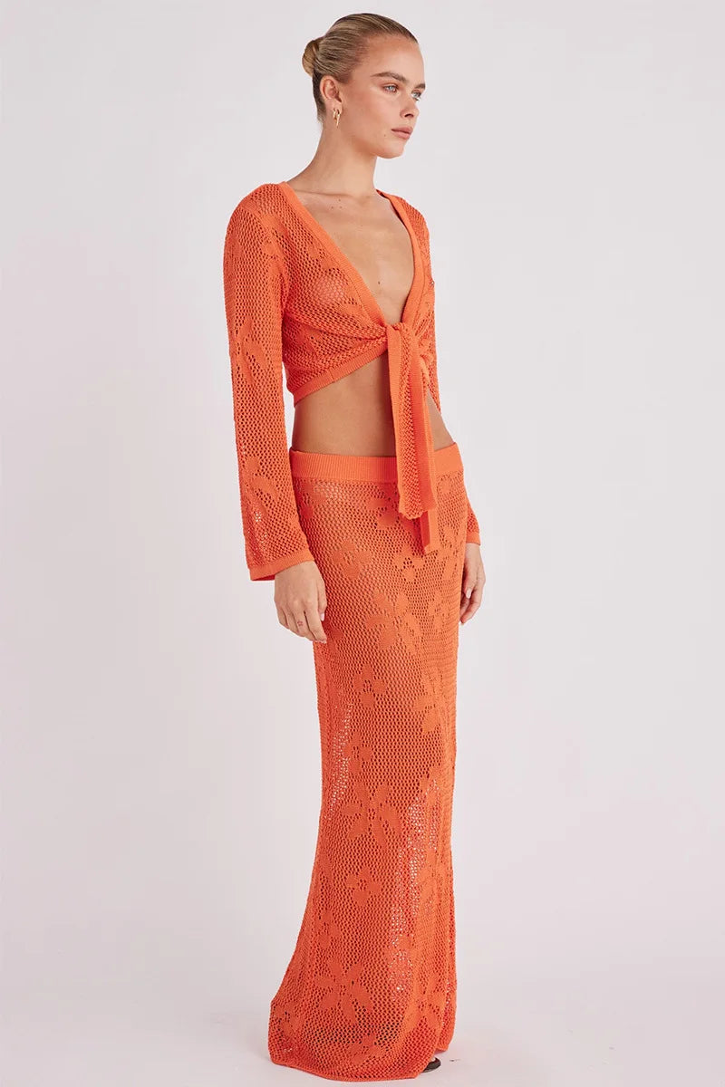 Knit 2-Piece Set Women's Beach Cardigan and Maxi Skirt