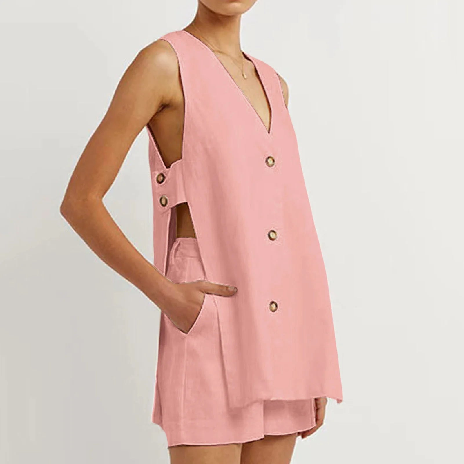 Hollow Button Long Top Elastic Waist Shorts Suit