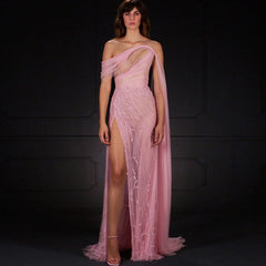 Off-Shoulder Flowing Cape Sleeves High Slit Prom Dress