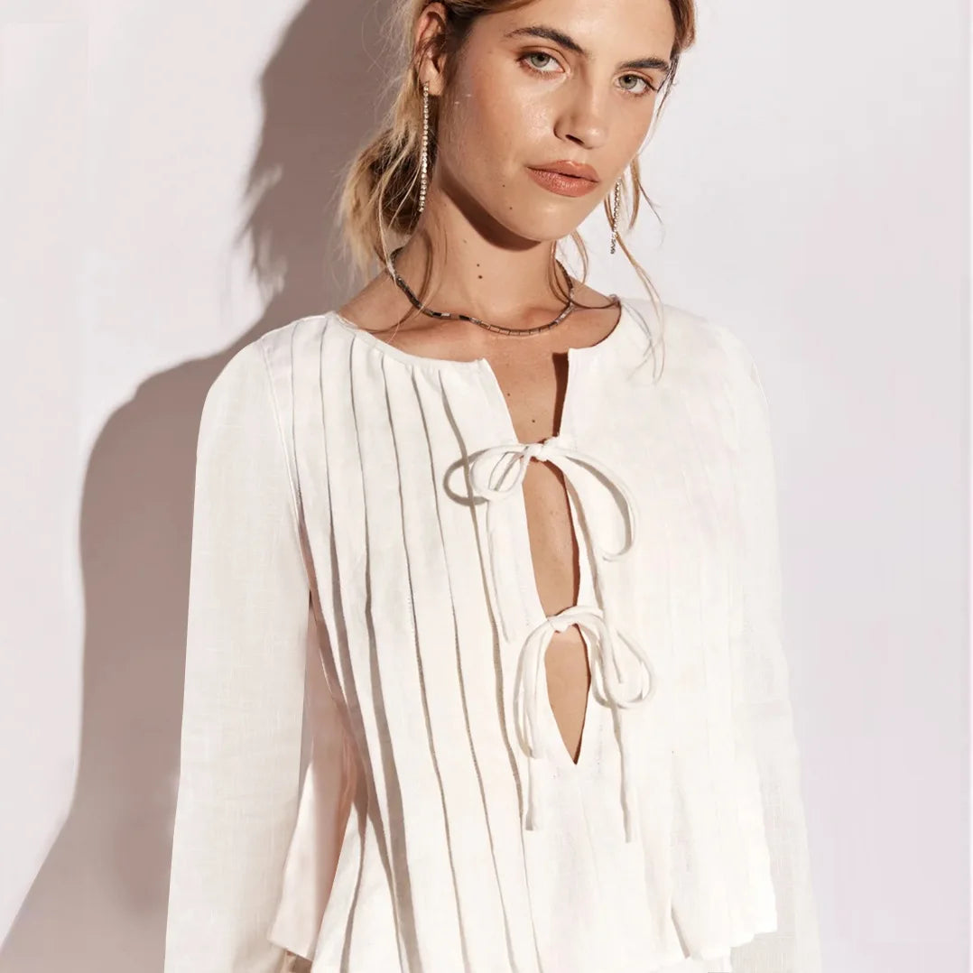 Patchwork Long Sleeve Lace-Up Top