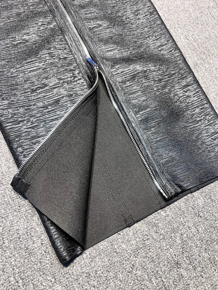 Strapless V-Neck Black Foil  Bandage Dress