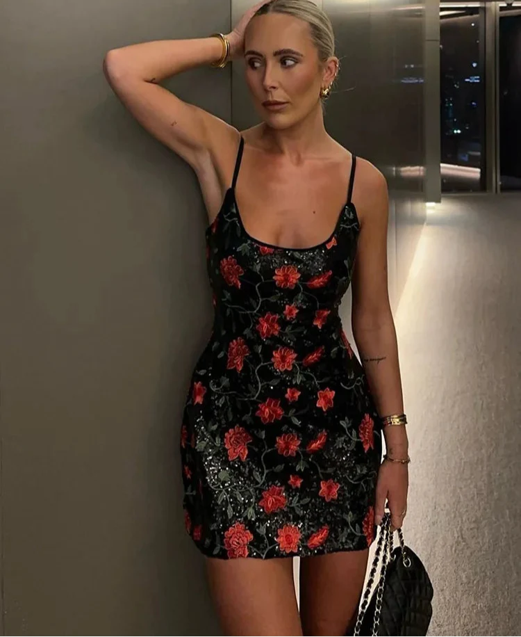 Rose Sequins Splice Sleeveless Mini Dress