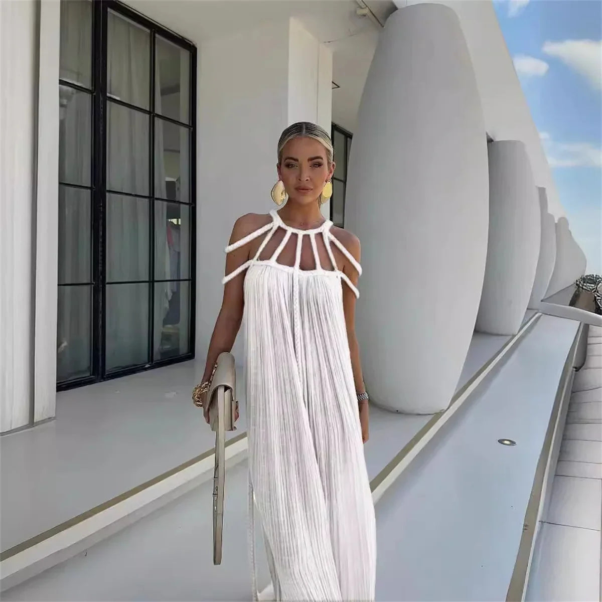 Solid Split Pleated Bandage Long Dress