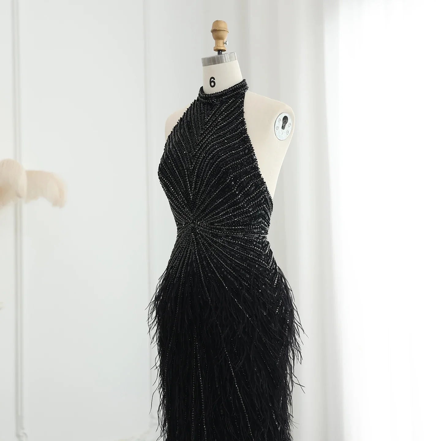 Beaded Feathers Mermaid Halter Backless Gown