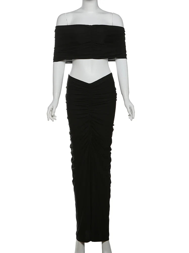 Solid Slash Neck Ankle-Length Skirt Suit