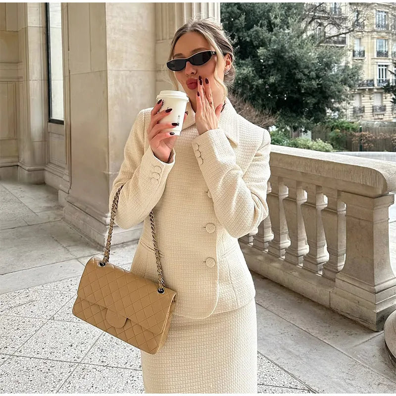 Solid Stand Collar Jackets and Skirts Suit