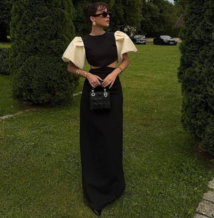 Patchwork Puff Sleeve Hollow Out Long Dress