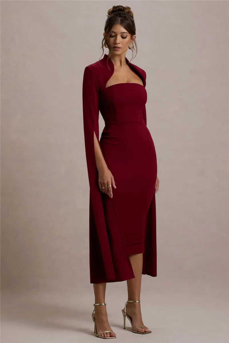 Cape Long Sleeve Square Collar Midi Dress