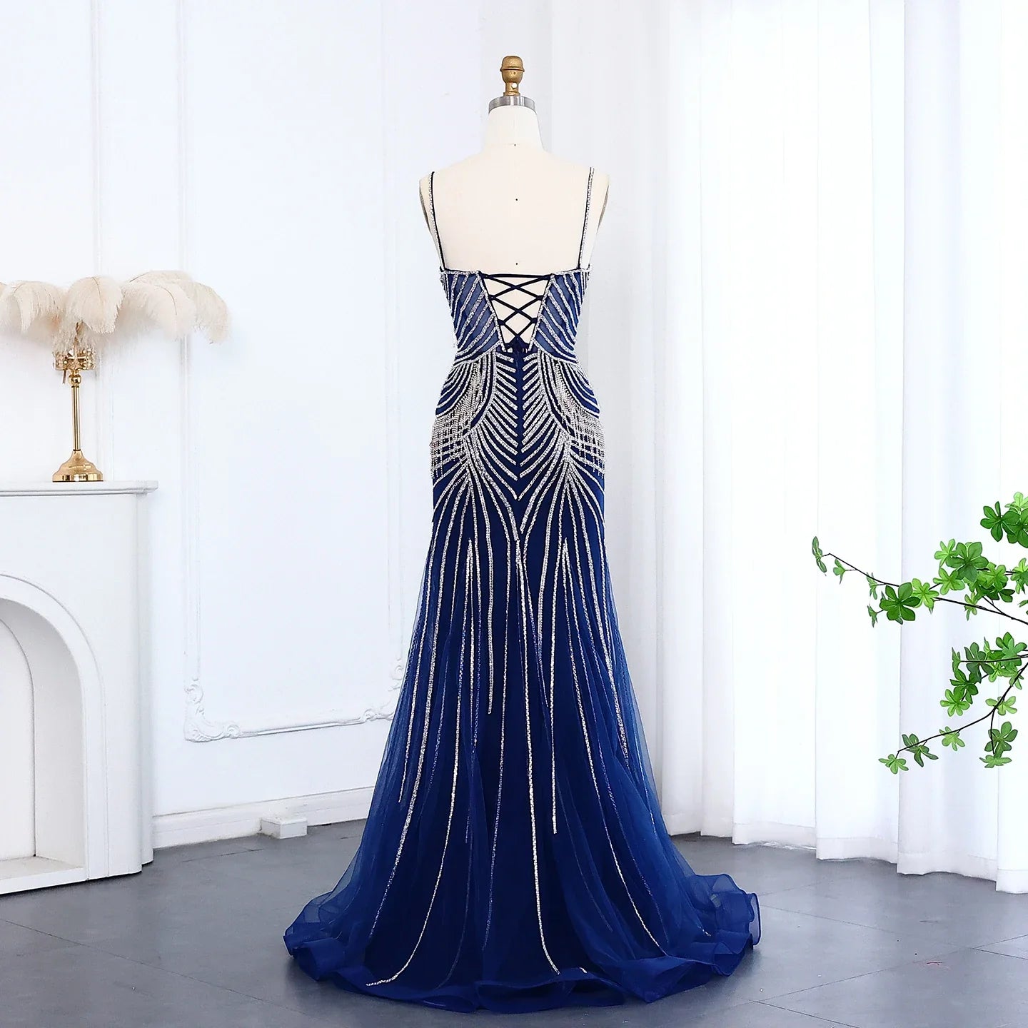Crystal Tassel Mermaid Spaghetti Straps Gown
