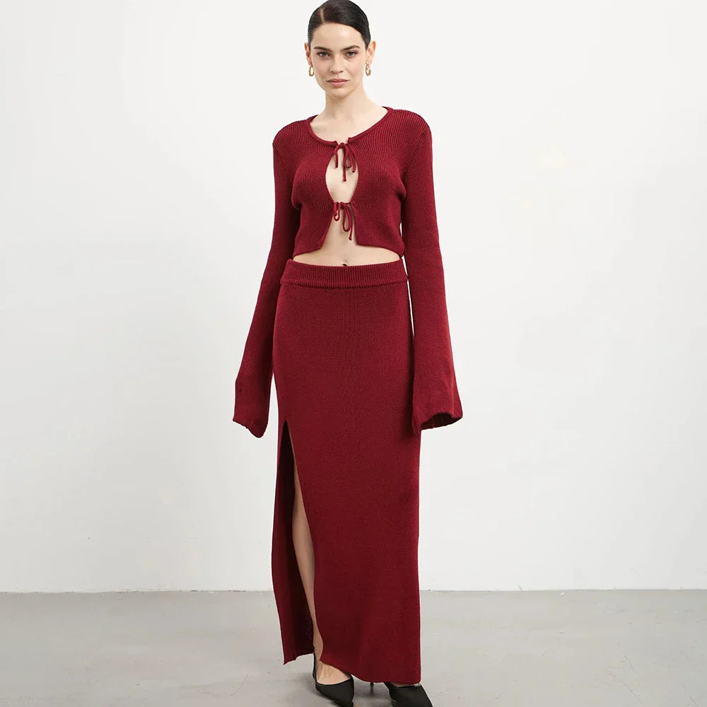 Knit Solid Lace-up Cardigan Top Slit Long Skirt Set