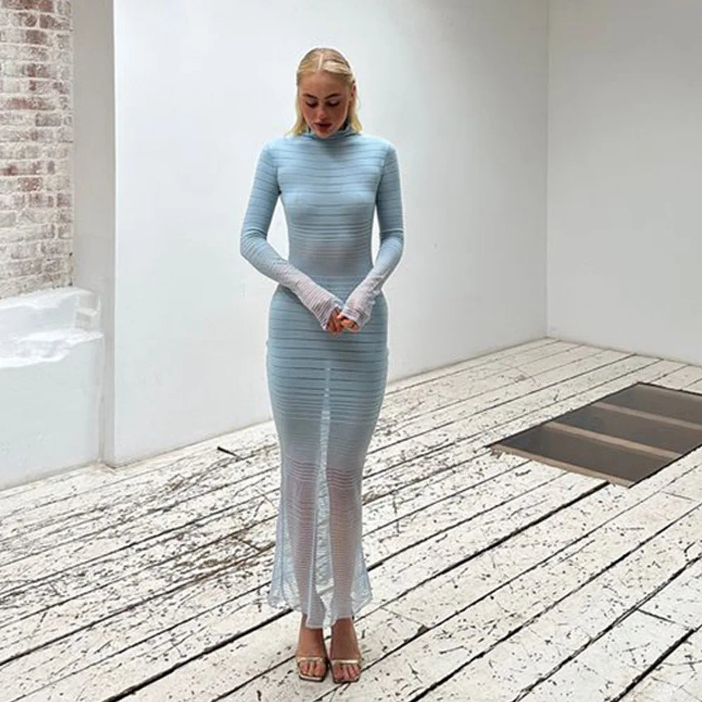 Striped Knitted Half High Collar Dress